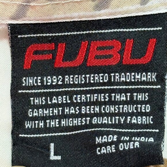 Fubu Men's Short Sleeve Button Down Script Print Tan Brown Shirt Size Large NWOT - Picture 5 of 8